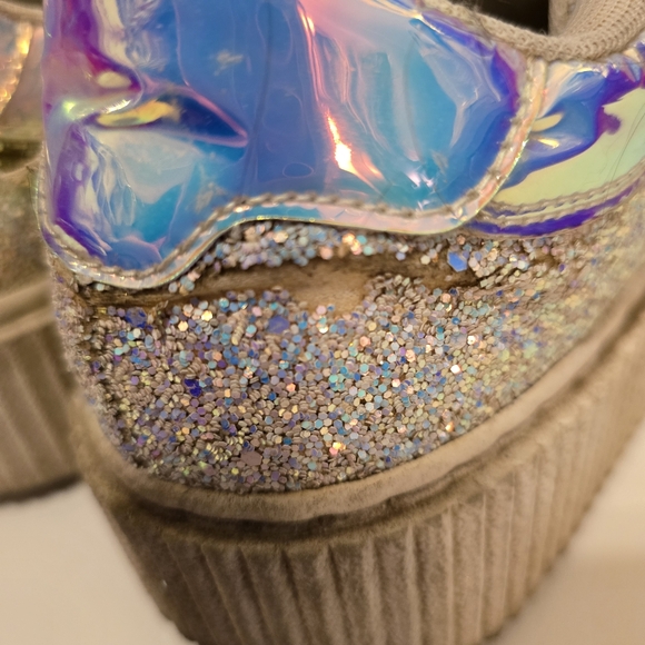 TUK White Glitter Creepers Sneakers 2 Velcro Straps Flat Platform Soles Size 10 - Picture 16 of 17